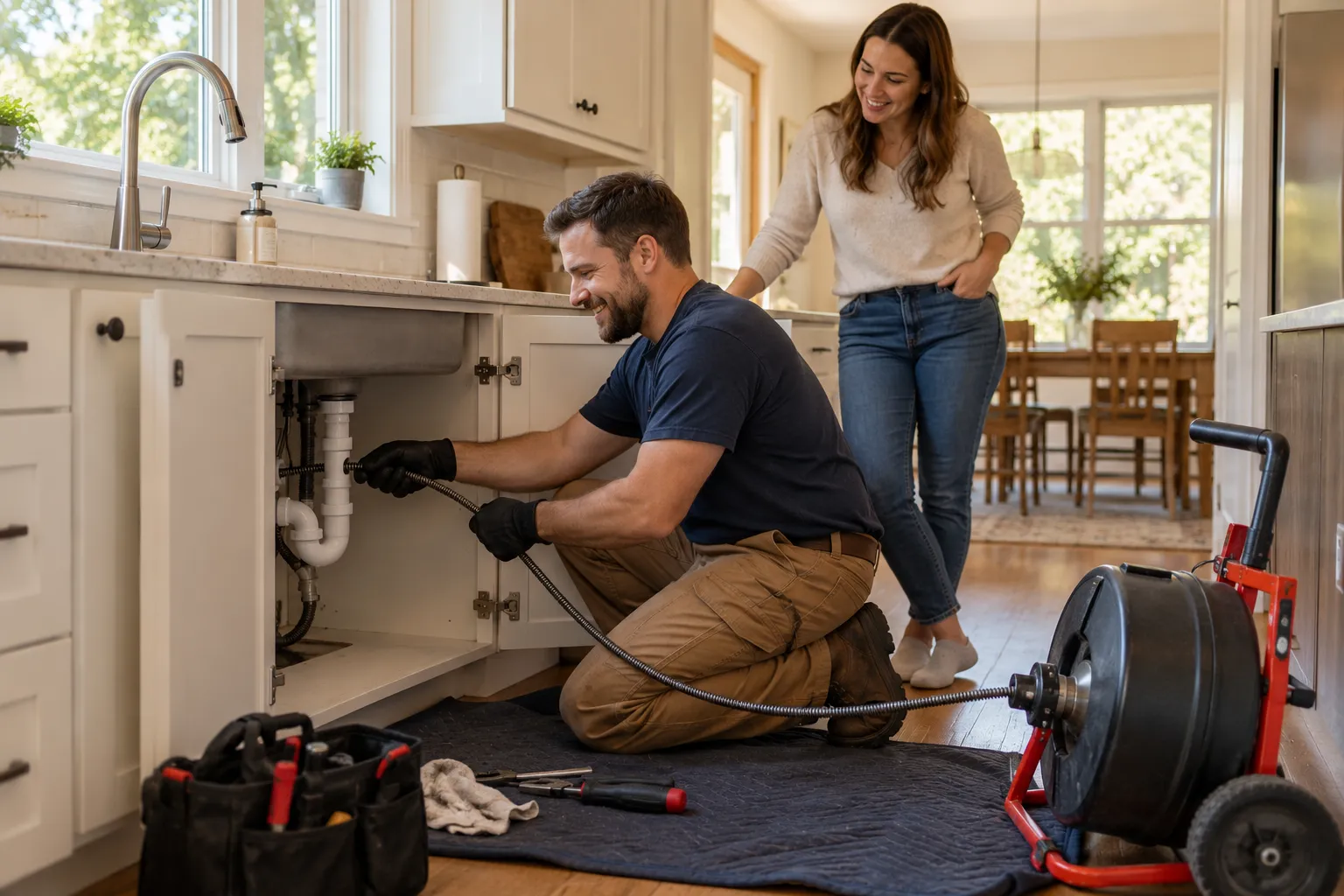 Friendly local plumber clearing a kitchen drain for a homeowner in Eagle Mountain