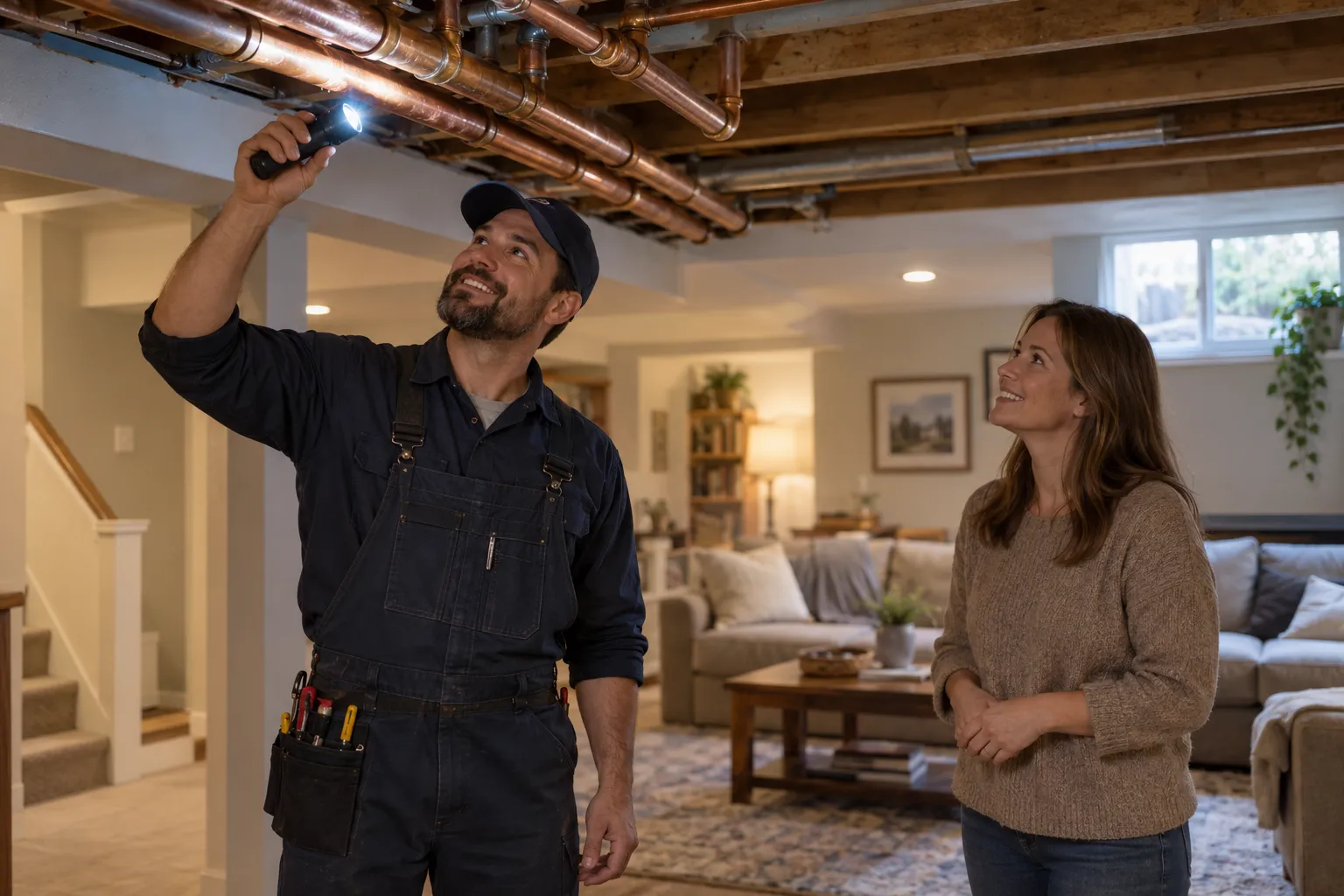 Plumber checking an exposed pipe in a basement across the Eagle Mountain area